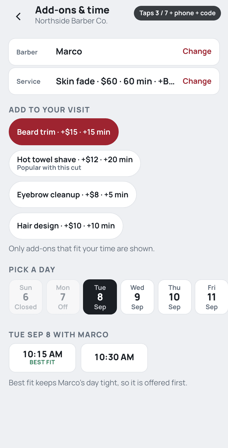 Booking screen showing add-ons and the next open times