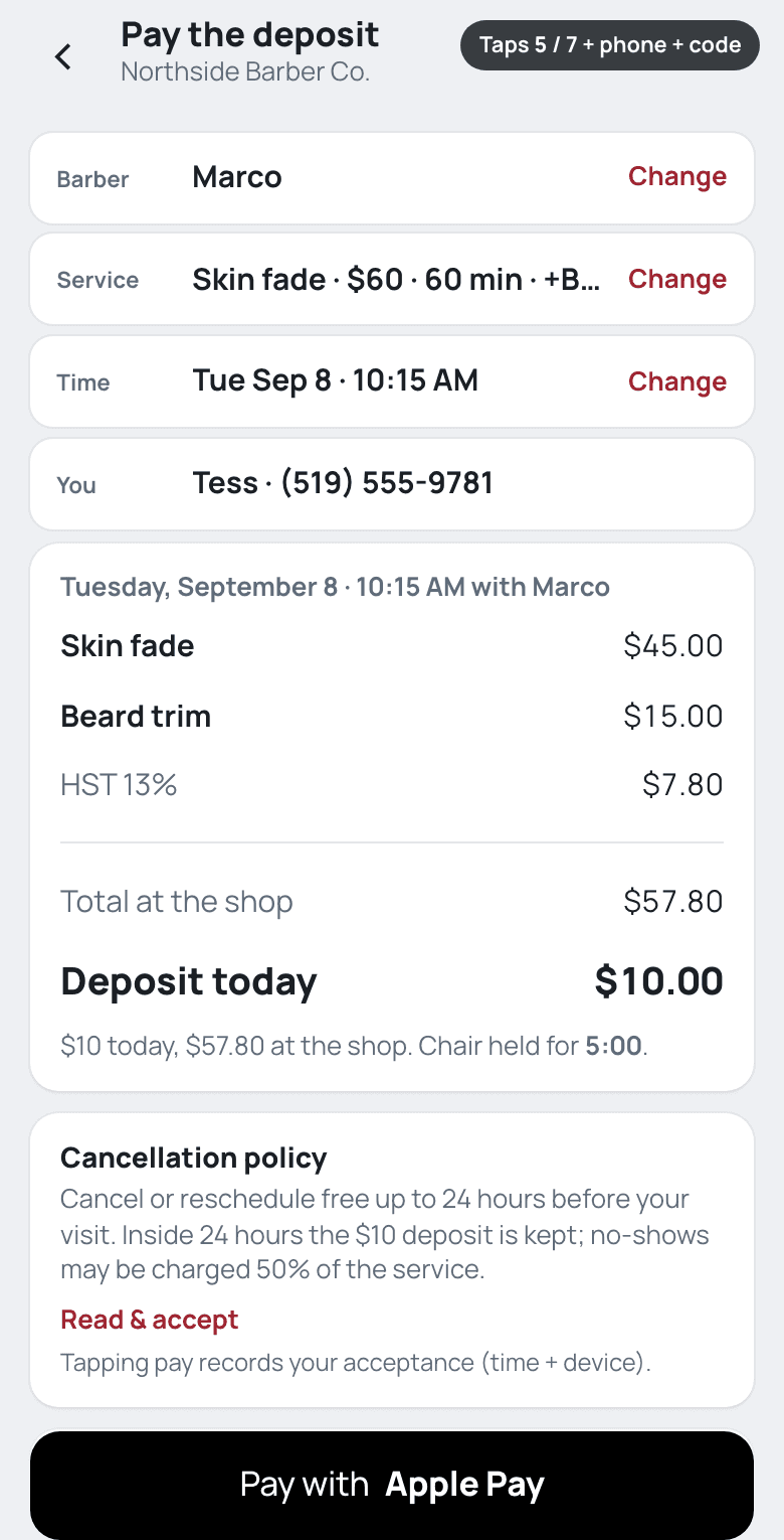 Deposit screen with the cancellation policy and an Apple Pay button