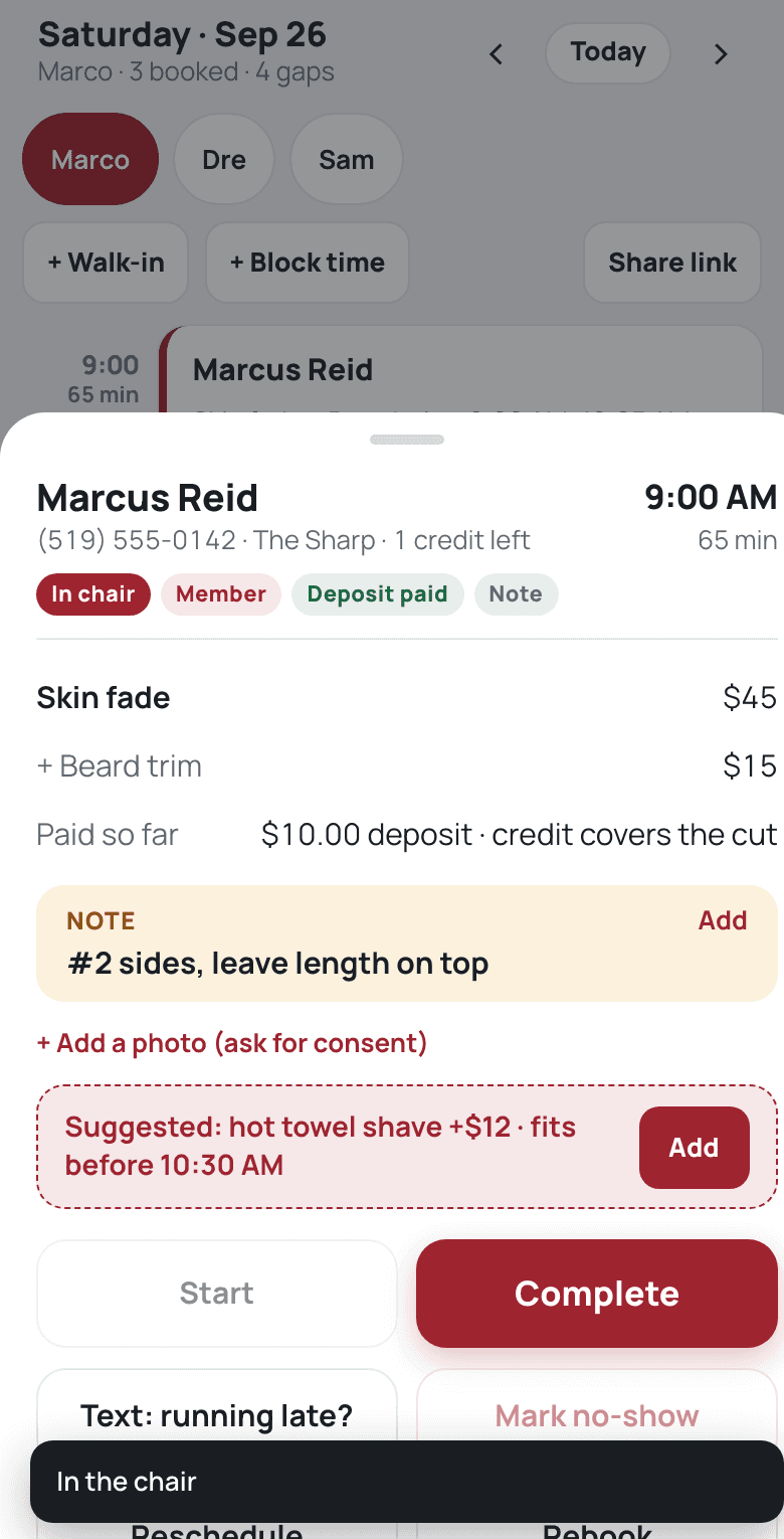 Barber appointment card showing the client, their note and a suggested add-on
