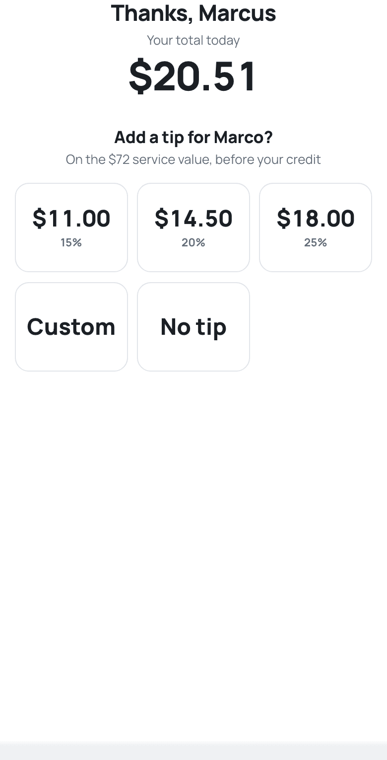 Tip screen shown to the client with three tip amounts