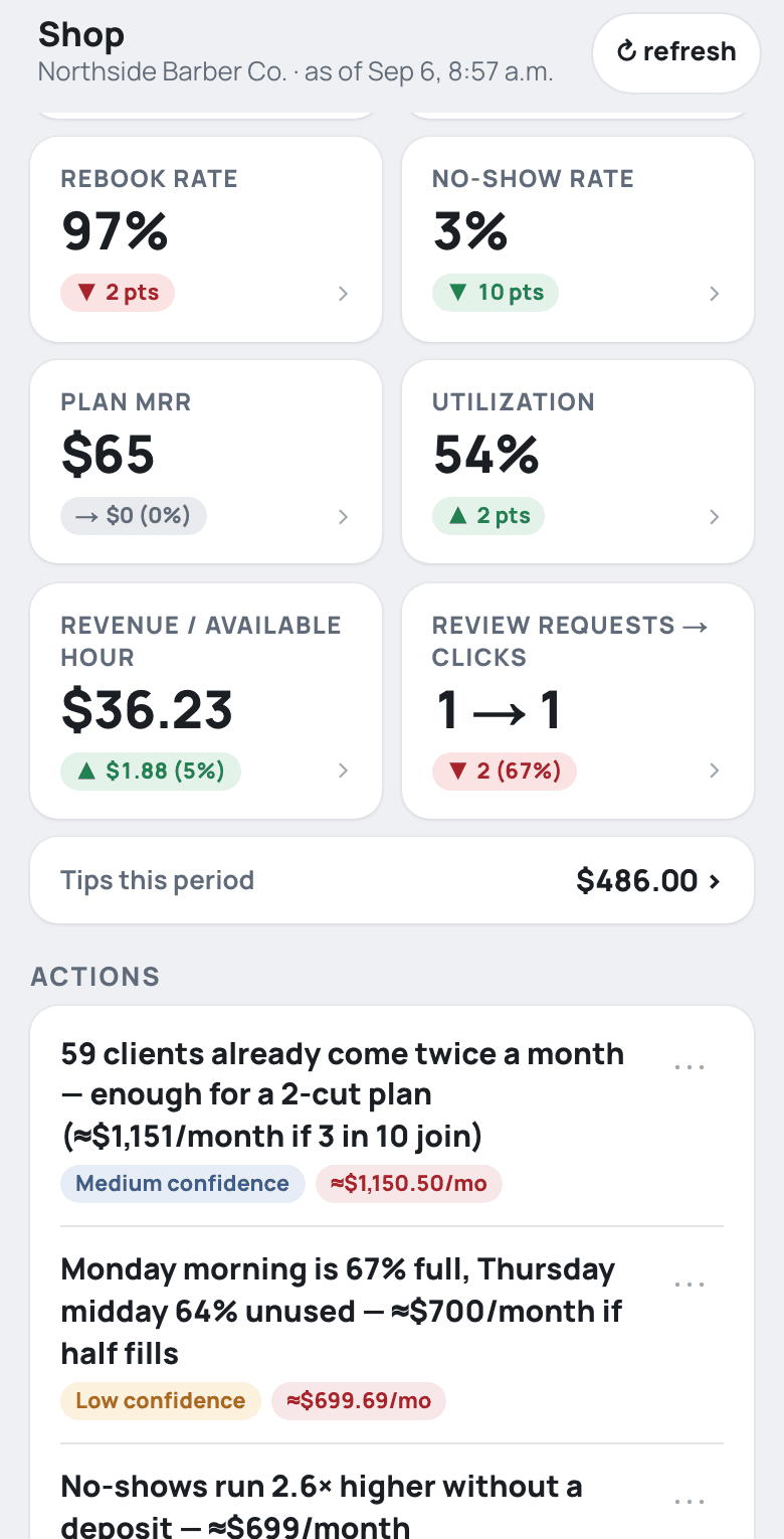 Owner dashboard with utilization, rebook rate and three suggested actions